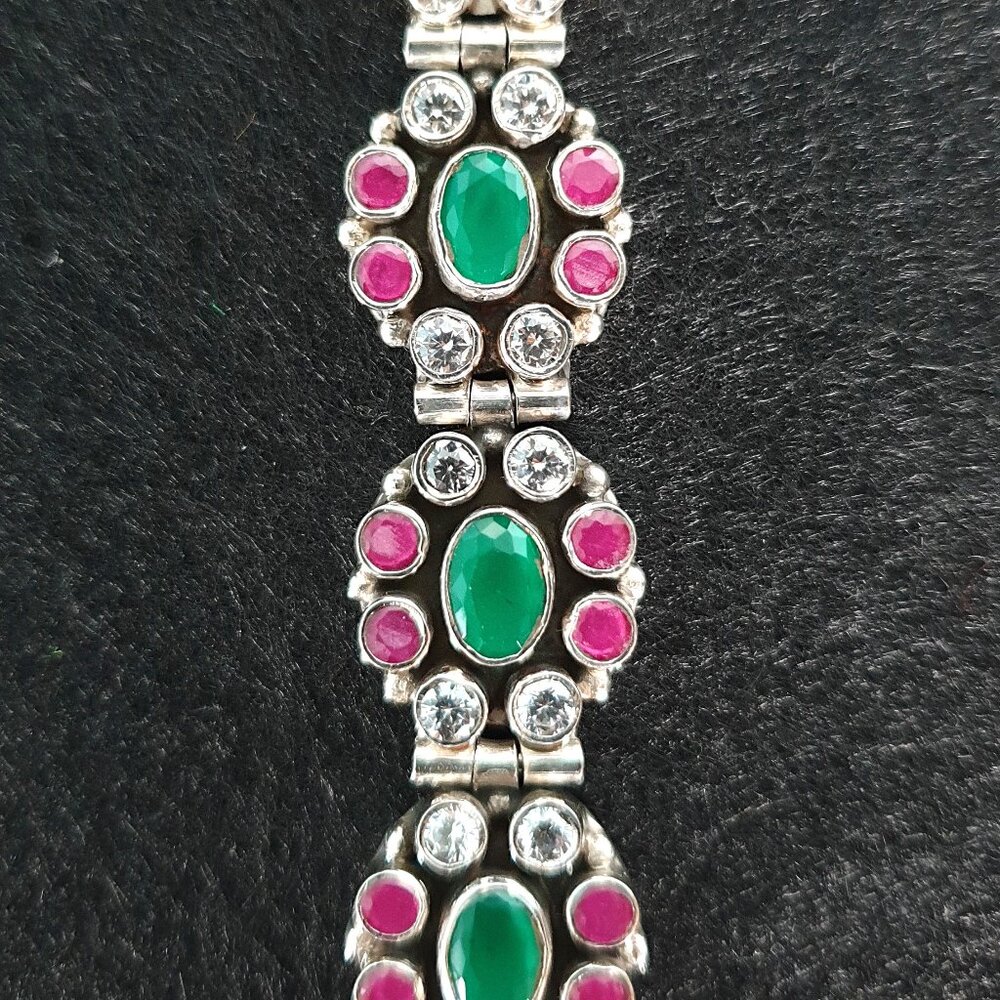 Vintage Mughal Revival 925 Silver Natural Ruby Green Chalcedony Floral Bracelet